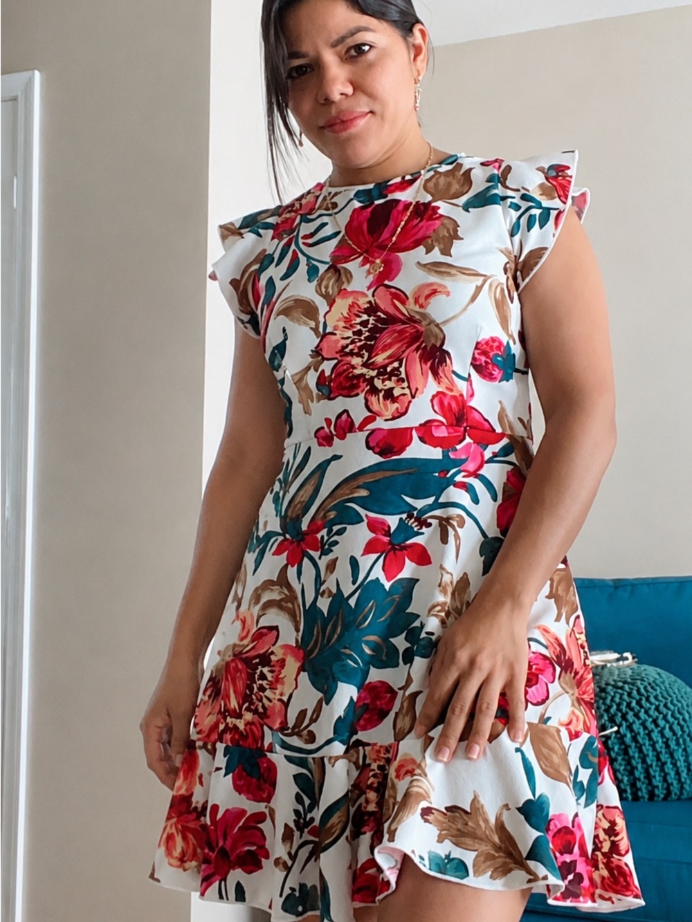 White Floral Flutter-Sleeve Mini Dress with Pink & Teal Print